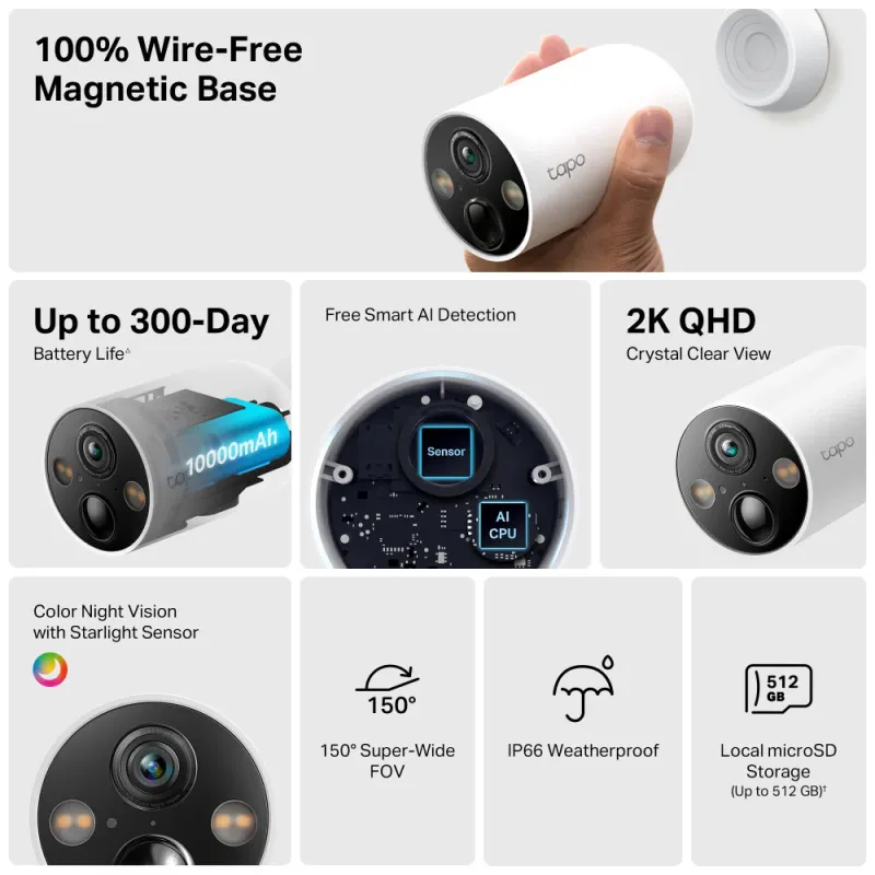 Tapo C425 V1.20 Battery-Powered Wi-Fi Outdoor Security Camera 2K 4MP 2.1mm (Mic) Tapo C425 V1.20 Battery-Powered Wi-Fi Outdoor Security Camera 2K 4MP 2.1mm (Mic)