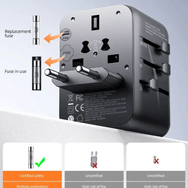 Joyroom Universal Travel Adapter, AC and 5 USB Ports - JR-TCW02, Black, 65 Watt Joyroom Universal Travel Adapter, AC and 5 USB Ports - JR-TCW02, Black, 65 Watt