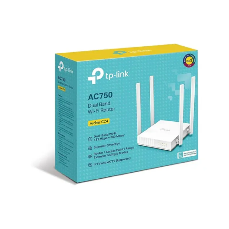 TP-LINK AC750 Dual Band Wi-Fi Router Archer C24, High-Speed Wi-Fi - White TP-LINK AC750 Dual Band Wi-Fi Router Archer C24, High-Speed Wi-Fi - White